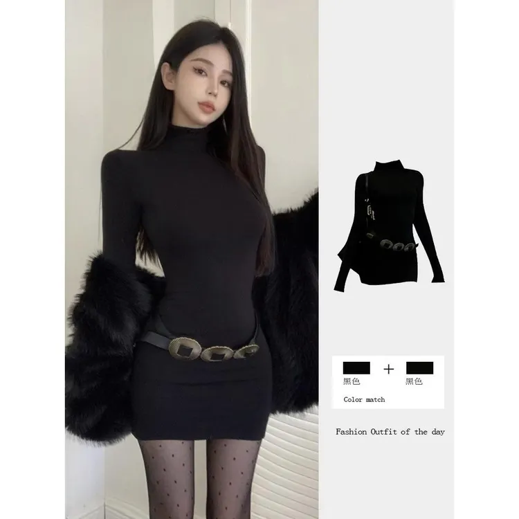 臻选辣妹半高领长袖连衣裙女秋冬新款气质设计感修身显瘦包臀裙子