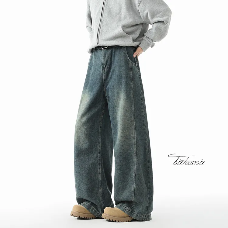 水洗做旧美式复古秋季拼接男生高街cleanfit弯刀牛仔裤休闲阔腿裤
