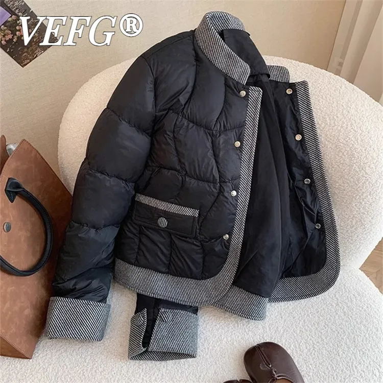 VEFG黑色小香风拼接立领棉服外套男女2025年秋冬时尚潮流百搭休闲