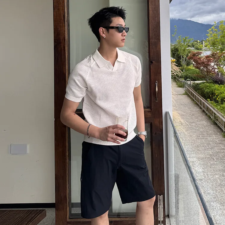 老钱风白色网眼针织男士短袖polo衫夏季镂空透气翻领半袖t恤上衣