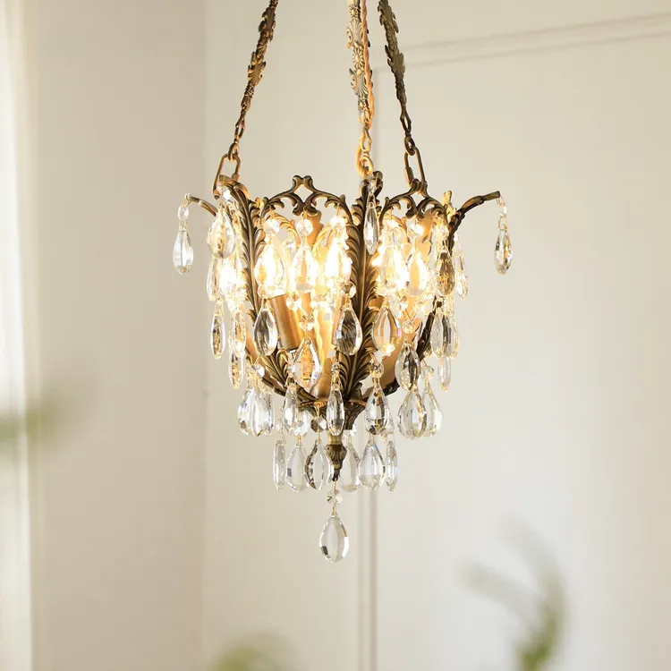 灯中晓楚法式复古餐厅灯美式卧室玄关阳台欧式中古风黄铜水晶吊灯