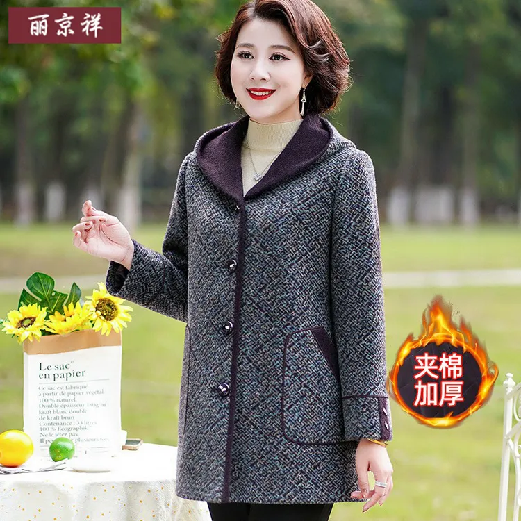 中老年人胖妈妈毛呢外套秋冬新款大码加绒加厚高贵奶奶上衣