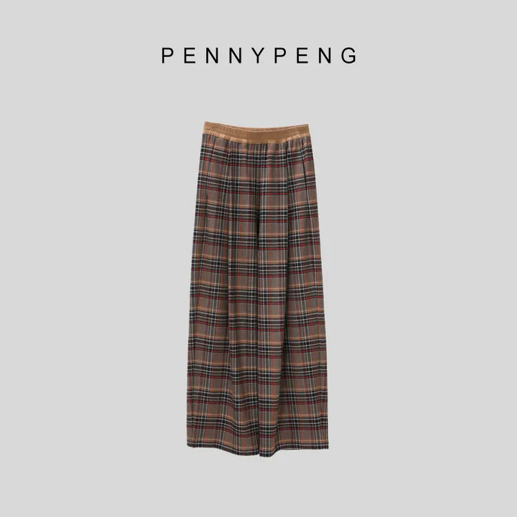PENNYPENG叛逆甜心早春时尚复古显瘦宽松咖色直筒垂感格纹休闲裤