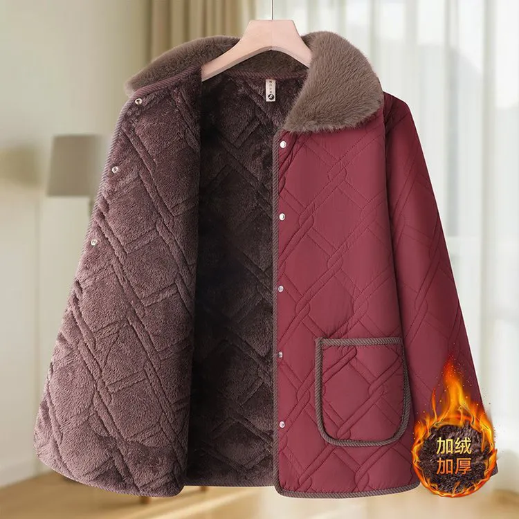 妈妈加绒厚棉袄（110斤穿240斤）大码秋冬季棉服中老年女装保暖翻领