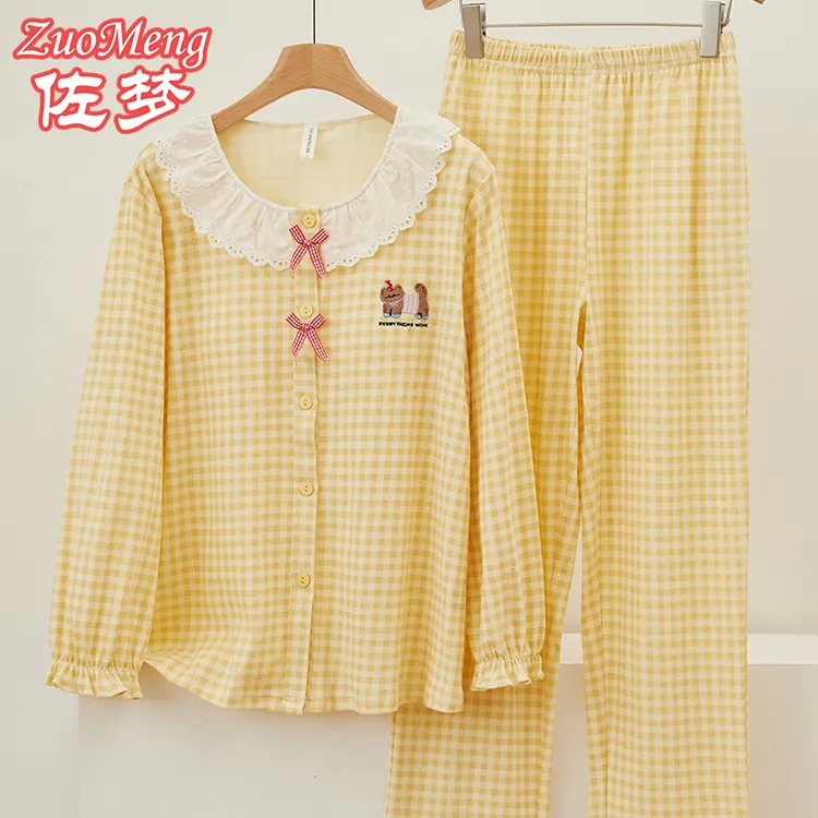 佐梦睡衣女纯棉100棉长袖长裤圆领家居服套装2025秋冬新款黄格子