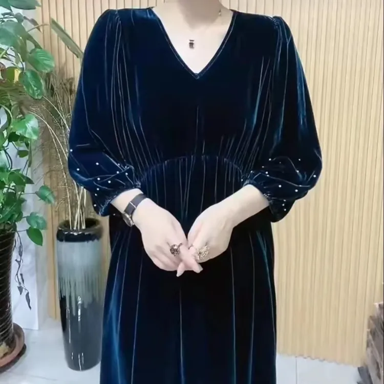 桑蚕丝V领袖口打珠收腰气质遮肚秋冬优雅连衣裙显瘦洋气时尚修身