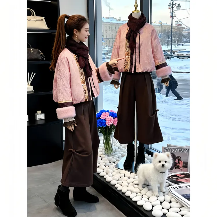 【粉黛初冬】冬季巨好看时尚套装女新中式棉服外套+阔腿裤子两件套
