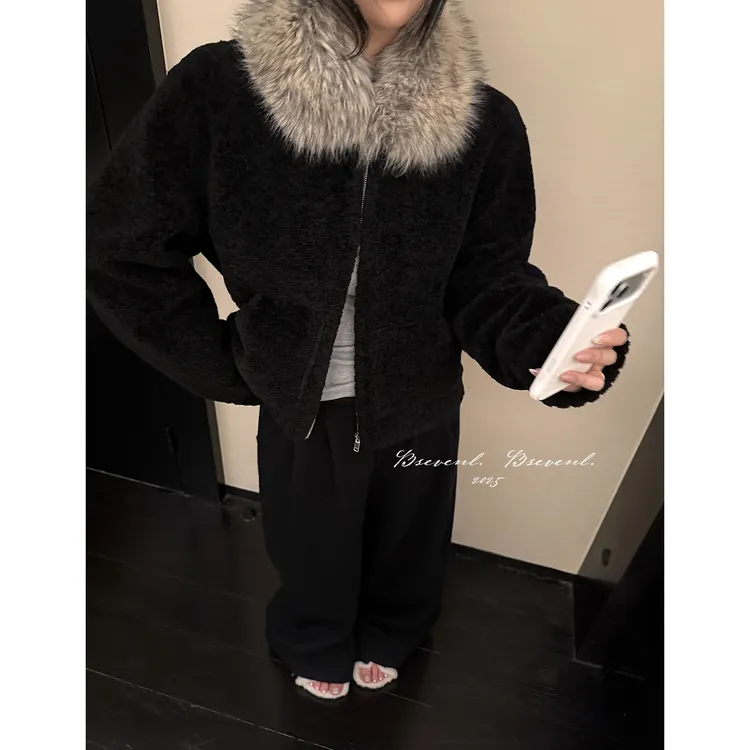 黑泽玄七【帕尔玛气质】秋冬一体定染羊剪绒外套银狐绒底裤时尚套装