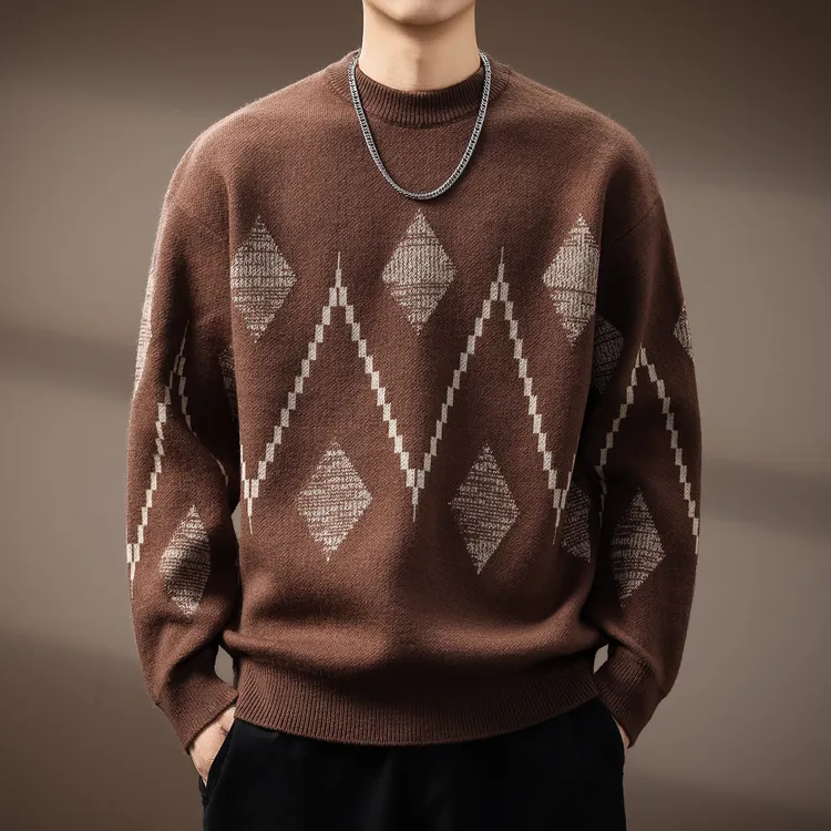 高端美式复古提花保暖针织毛衣男秋季重磅慵懒风圆领宽松毛衫线衣