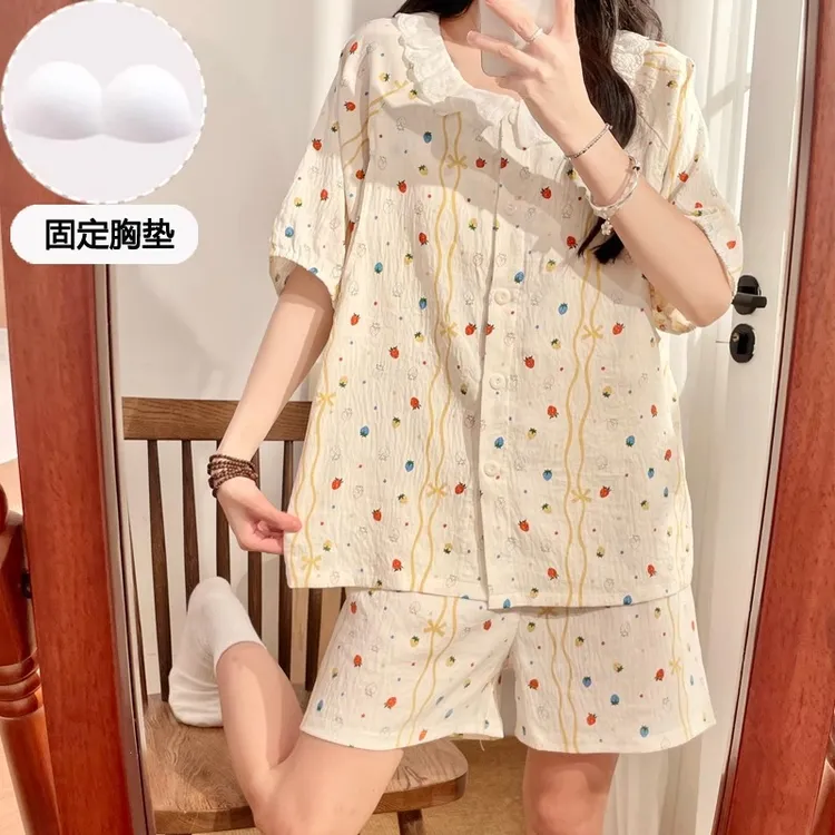 带胸垫短袖月子服夏季薄款云朵棉孕妇睡衣产后哺乳喂奶家居服大码