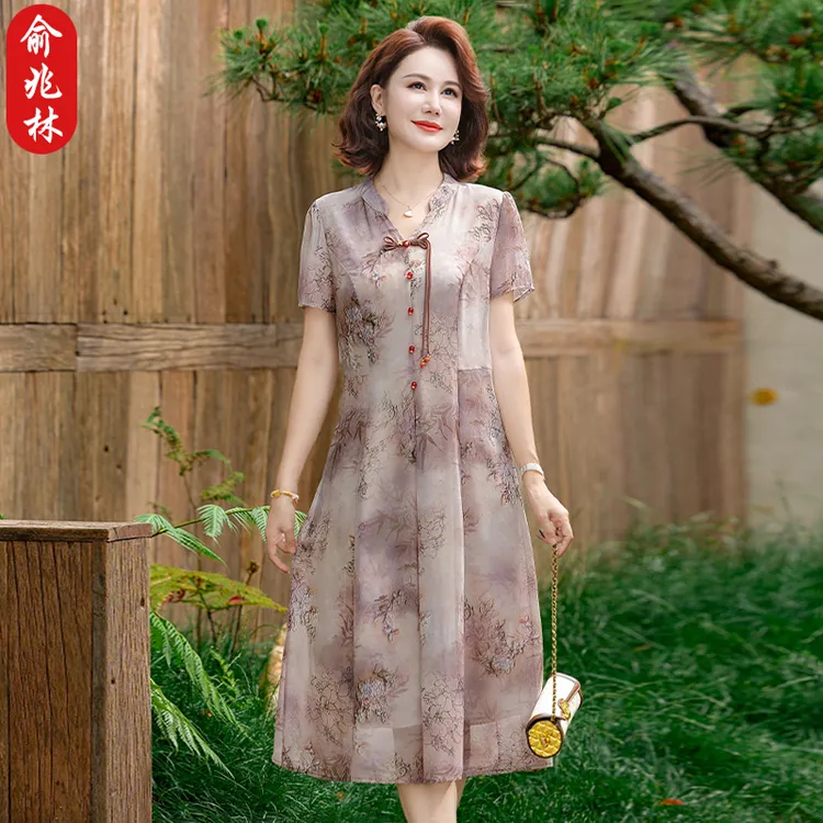 俞兆林妈妈新中式连衣裙夏季短袖雪纺裙中老年女装夏装改良旗袍裙