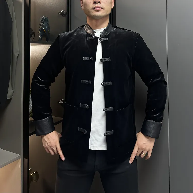 2025秋冬新款盘扣立领纯色拼皮男唐装男士古风长袖丝绒外套修身