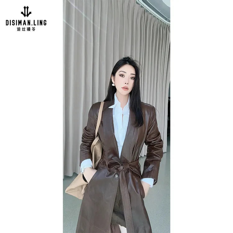 【迪丝嫚苓】100%绵羊皮大衣咖色时尚真皮复古感中长款气质秋冬轻奢