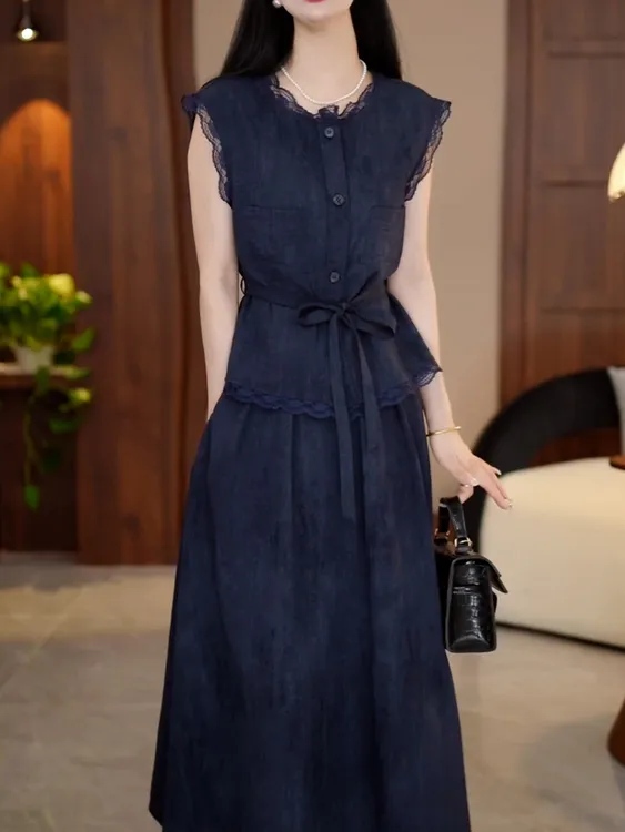 时尚洋气韩系裙套装女2025夏季新款蕾丝拼接无袖百搭衬衫+半身裙