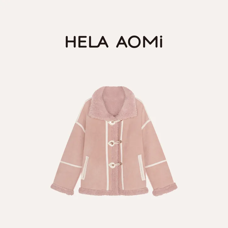 HELA AOMI “爱心扣.暖杏羔羊”绵羊毛100%盘扣立领皮草CY5DC29411