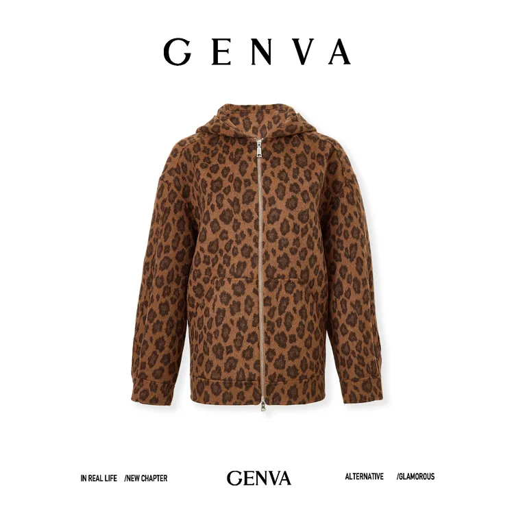 玖着'美豹'高克重绵羊毛色织顺毛双面呢全手工时髦帽兜外套短裙