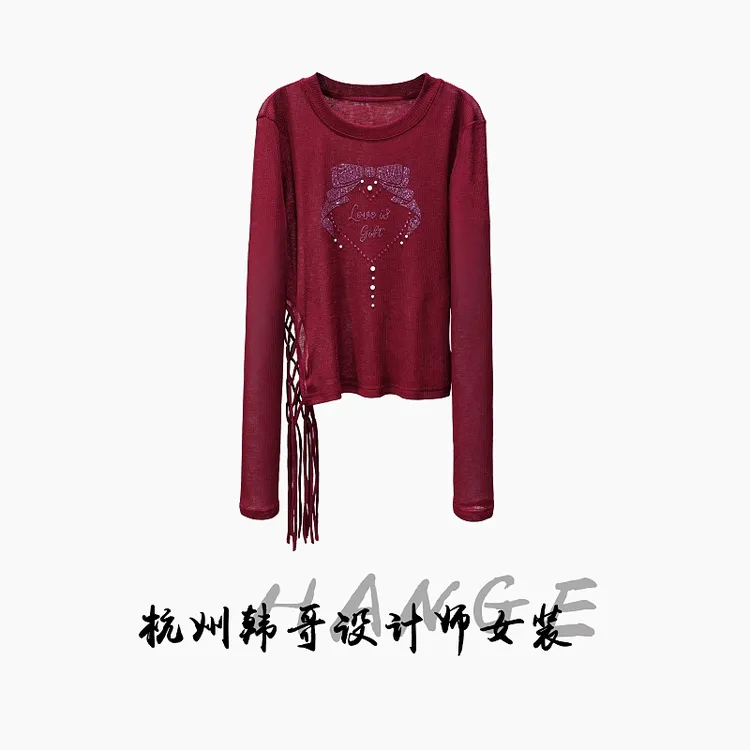 【韩哥女装】秋季欧版安可拉红重工纯欲风流苏烫钻高弹上衣8915-A7