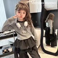 【馒头家】3【新款】卡通KT条纹上衣女童春秋季百搭可爱风透气长t