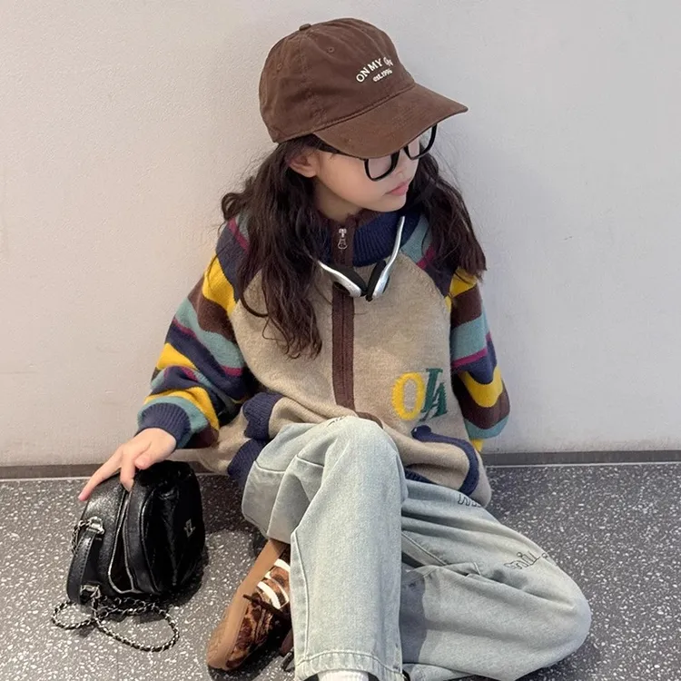 女童针织开衫春秋2025新款儿童早秋毛衣女孩大童韩系外搭撞色外套