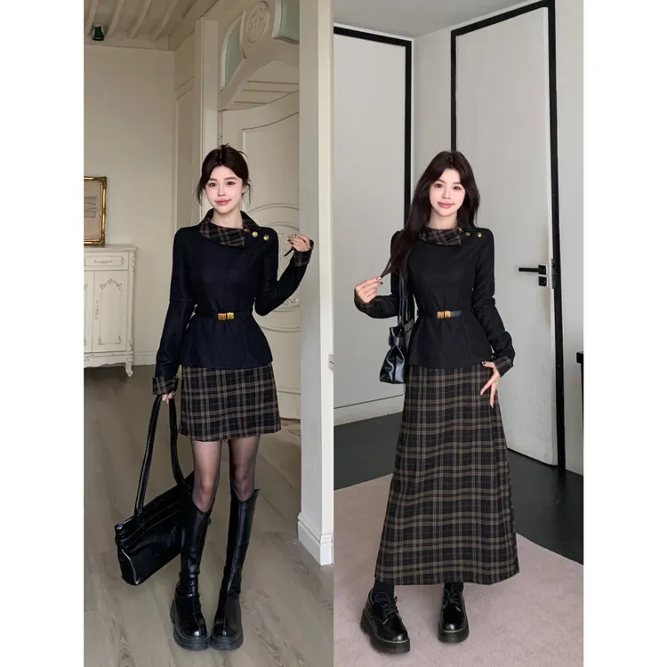 实拍大码2025新款秋冬打底法式气质显瘦格子拼接两件套套装