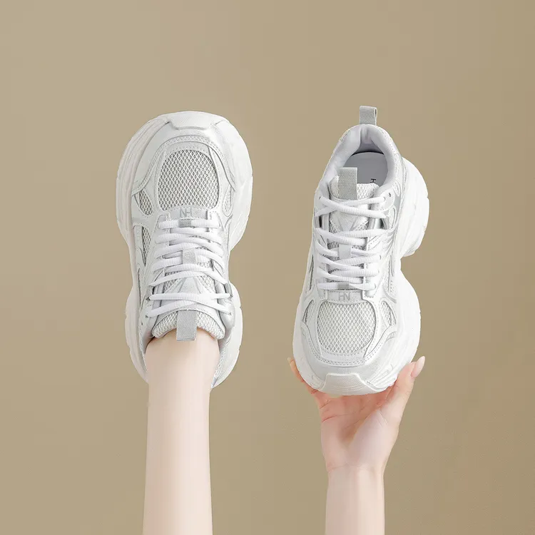 华耐厚底老爹鞋女款2025春秋新款网面透气秋季休闲增高轻便运动鞋
