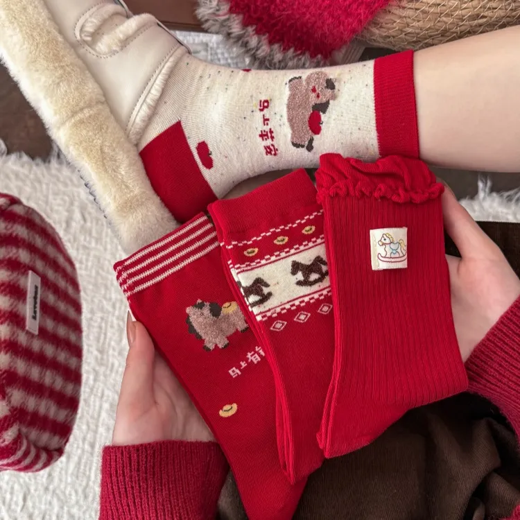 新年红色女袜高棉无骨马上有钱马到成功马上平安红袜子本命年属马