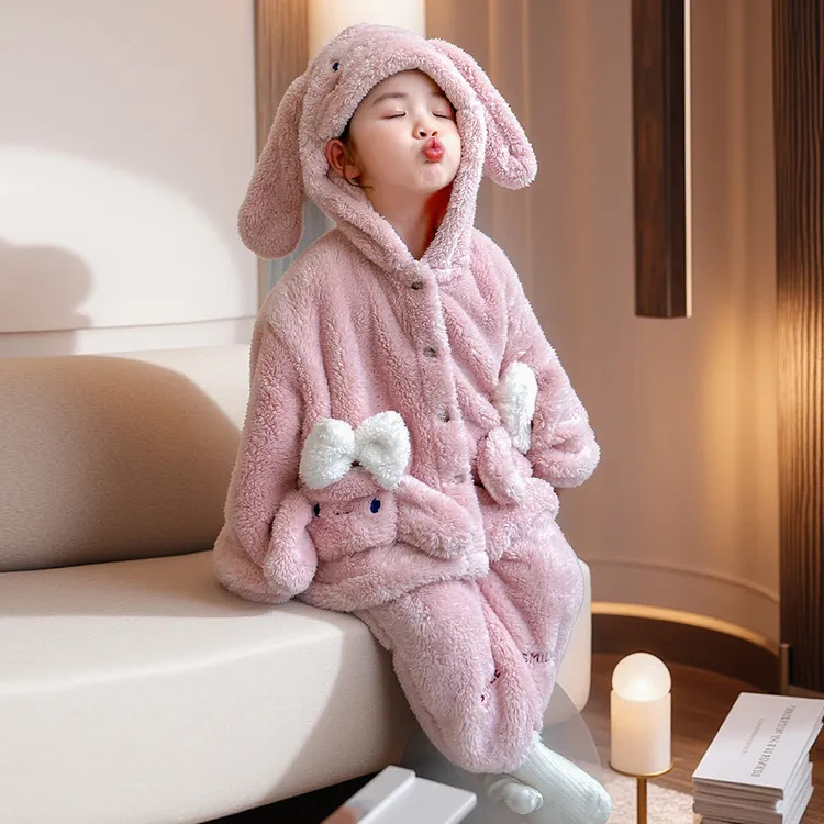 公主风女童珊瑚绒睡衣秋冬新款儿童家居服连帽女孩洋气法兰绒套装