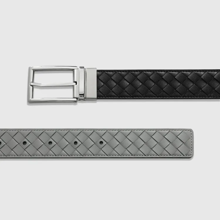 BONNAKE VACOOL双面手工编织皮带旋转针扣真皮小牛皮男士休闲腰带