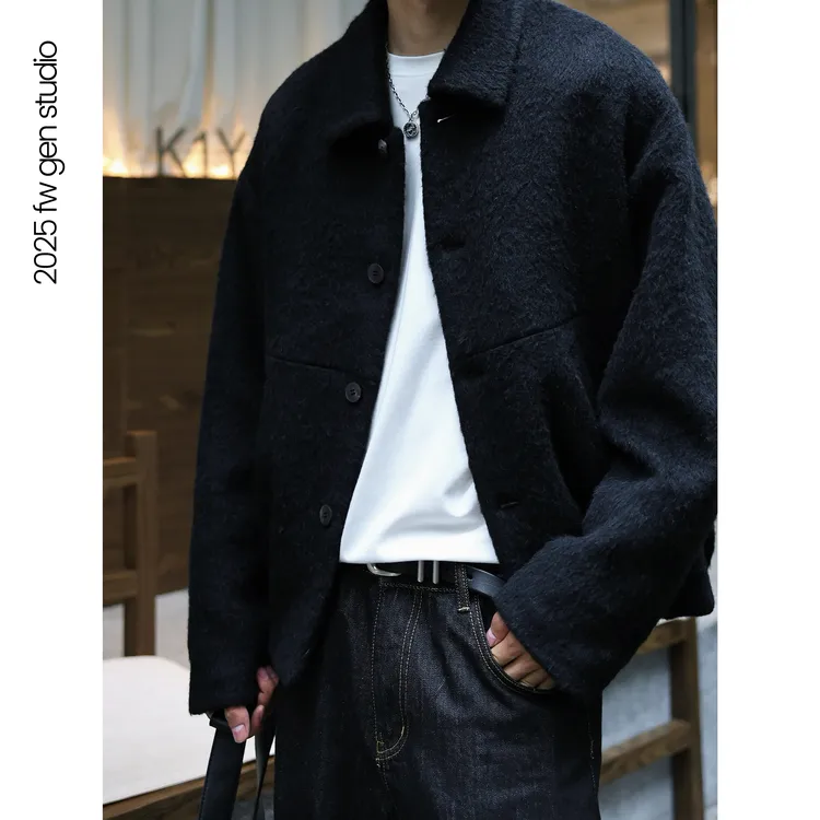 【苏力羊驼毛】黑标冬季高级感宽松衬衫领男士短款毛呢外套J95606