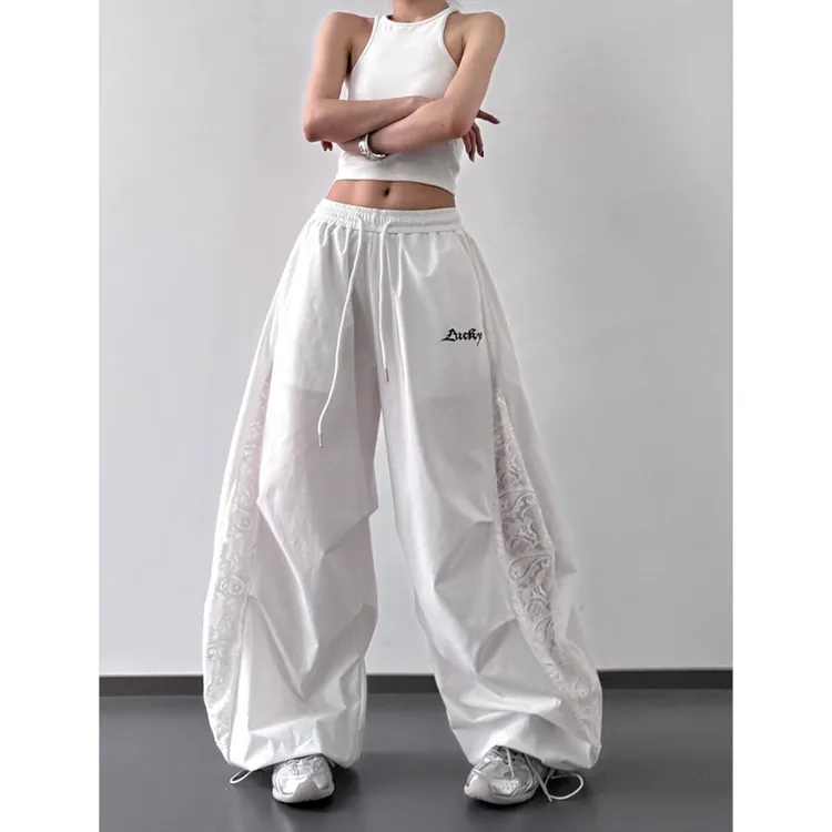 白色蕾丝阔腿裤女2025新款夏季薄款镂空拼接宽松垂感拖地休闲裤子