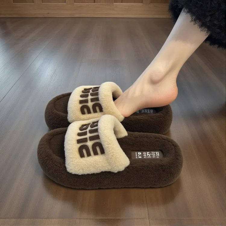 羊羔绒厚底毛毛拖鞋女2025新款秋季高级感软底防滑配裙子孕妇棉拖