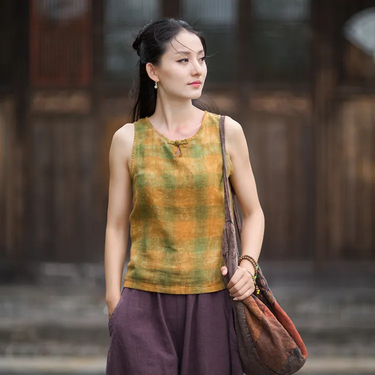 2025秋季新品棉麻砂洗原创设计格渲染打底个性小众盘扣女式小背心