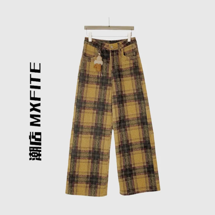 MXFITE潮店秋冬新款挂饰格纹复古百搭直筒牛仔裤长裤（C-31077）