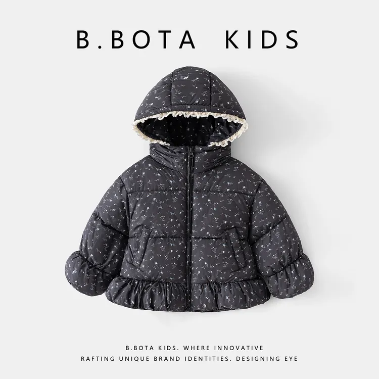 〖姐姐家〗2025冬款儿童碎花带帽蕾丝边休闲外套棉服外套-26005