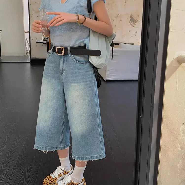 大码美式复古高街七分直筒牛仔裤女2025夏季新款别致高腰阔腿中裤