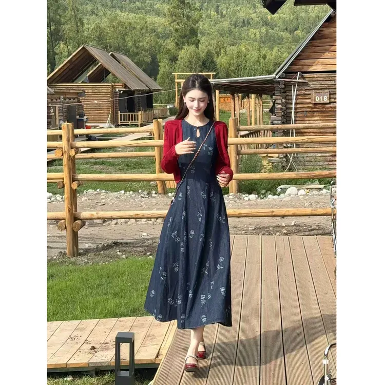 【沉香一梦】LiLi新中式复古红色开衫牛仔蓝连衣裙XMZH9192XMZH9202