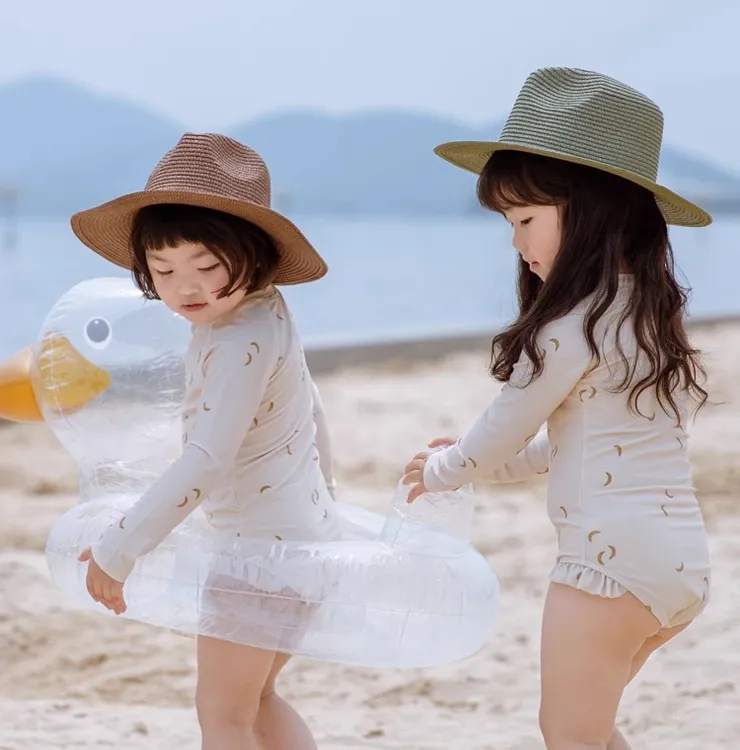 女童夏季连体长袖泳衣速干宝宝海边防晒衣女孩游泳碎花边保守泳装
