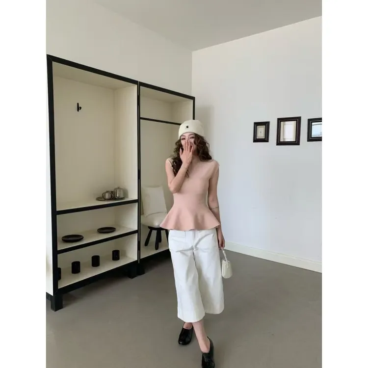 时髦气质设计感收腰高领T恤女秋季新款白色宽松垂感休闲裤子套装