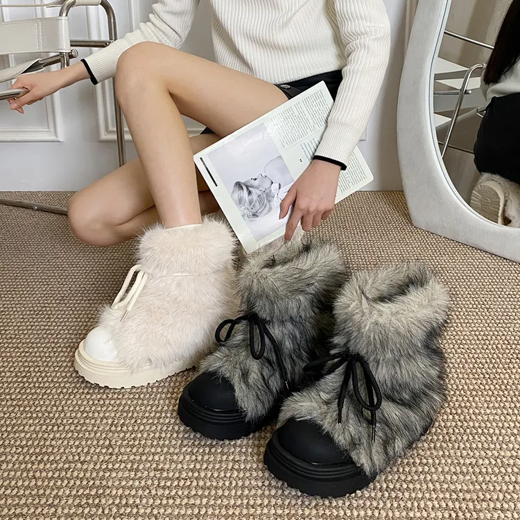 贾不假厚底毛毛鞋时尚百搭防滑雪地靴2024年冬季新款加绒保暖棉鞋