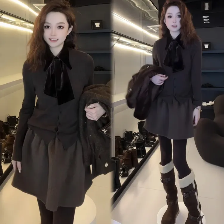 2025秋冬女士新款时尚气质设计感拼接长袖上衣高腰显瘦短裙套装女