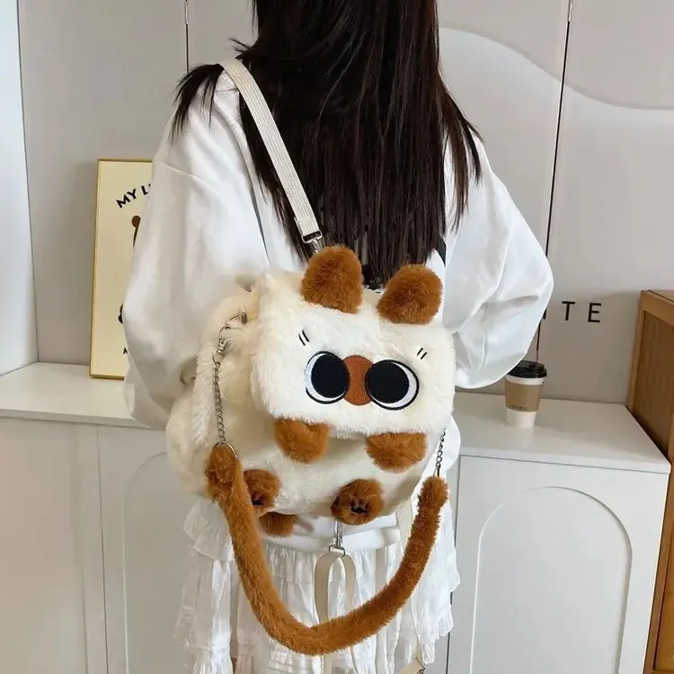 冬季新款暹罗猫小豆泥双肩包毛绒包包卡通大容量猫咪jk玩偶单肩包
