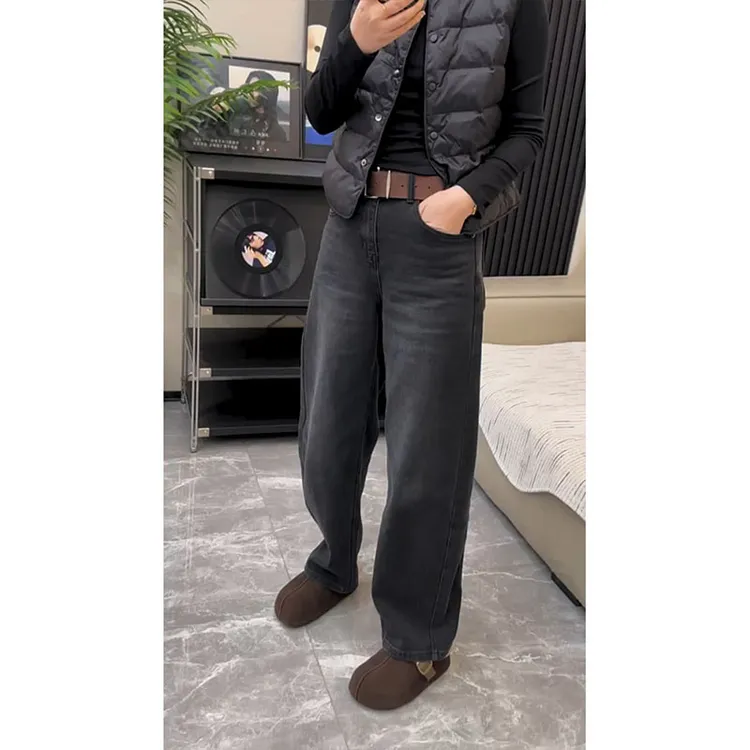 高腰窄版直筒弯刀牛仔裤女2025秋冬新款加绒小个子宽松遮肉阔腿裤