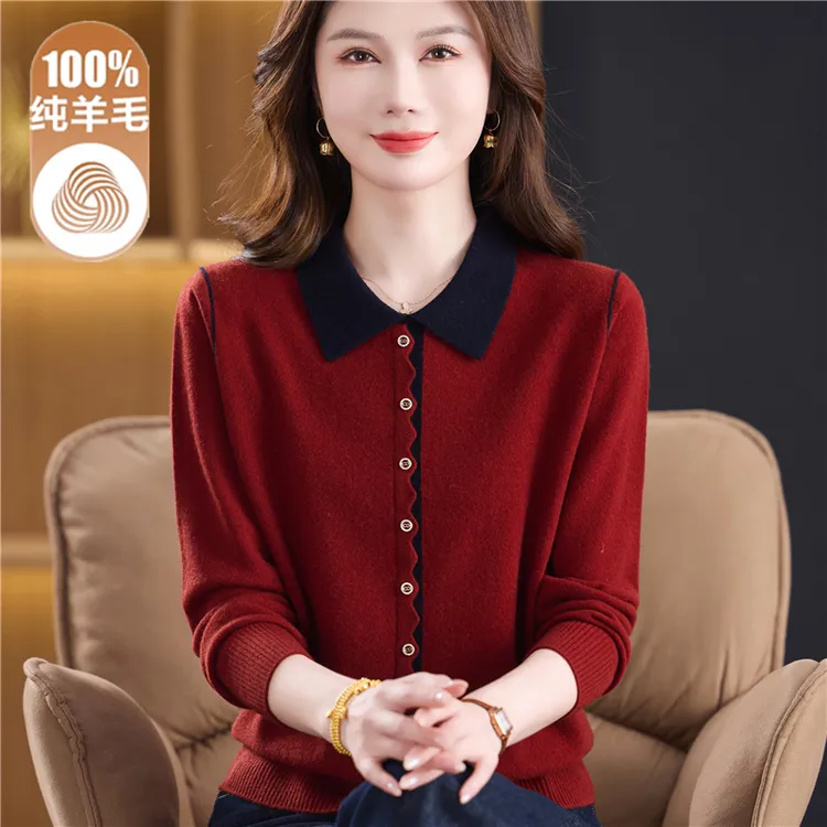 中老年羊毛衫女妈妈装翻领毛衣100纯羊毛打底衫秋冬宽松大码上衣