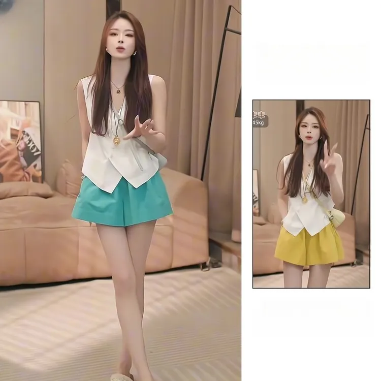 夏季2025新款一整套女装韩系气质甜美风不规则马甲休闲短裤两件套