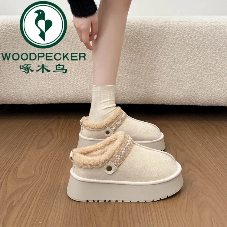 啄木鸟厚底加绒雪地靴女低帮棉鞋子冬2025新款毛毛包头棉拖鞋外穿