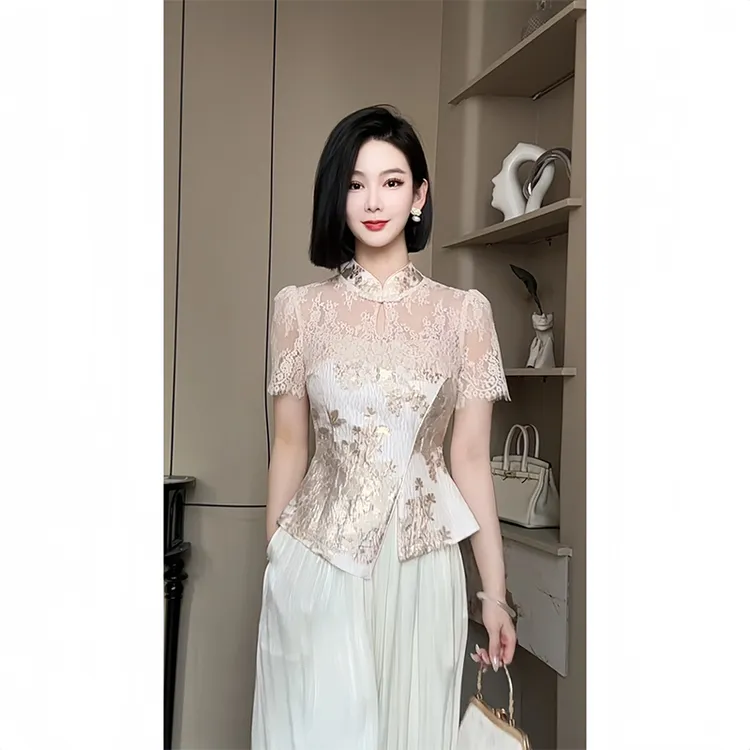 夏季新中式蕾丝国风透纱盘扣上衣洋气修身裙子显瘦女装优雅裤套装