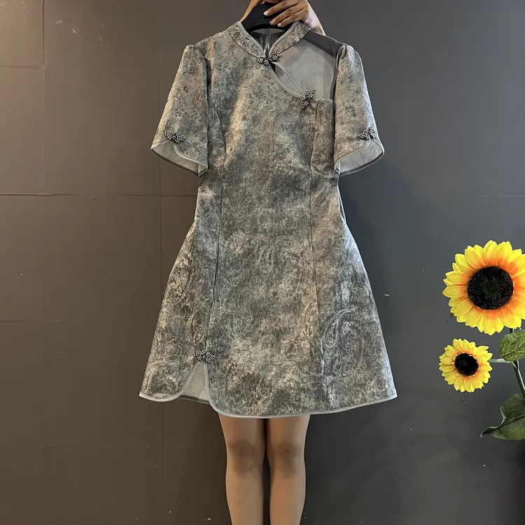 新款国风复古盘扣设计感收腰显瘦改良版提花旗袍裙