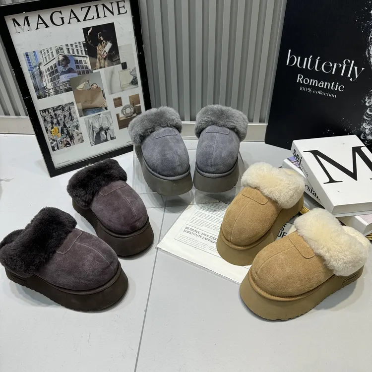 韩系磨砂皮厚底增高6厘米包头拖鞋女外穿冬季加绒保暖懒人毛半拖