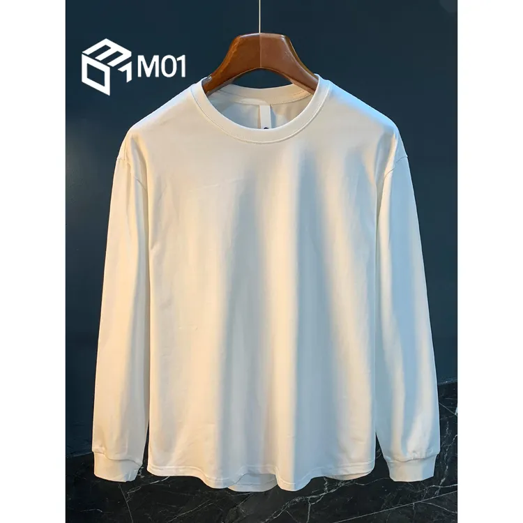 M01白色长袖T恤男秋季新款纯色百搭圆领针织衫体恤高端休闲卫衣男