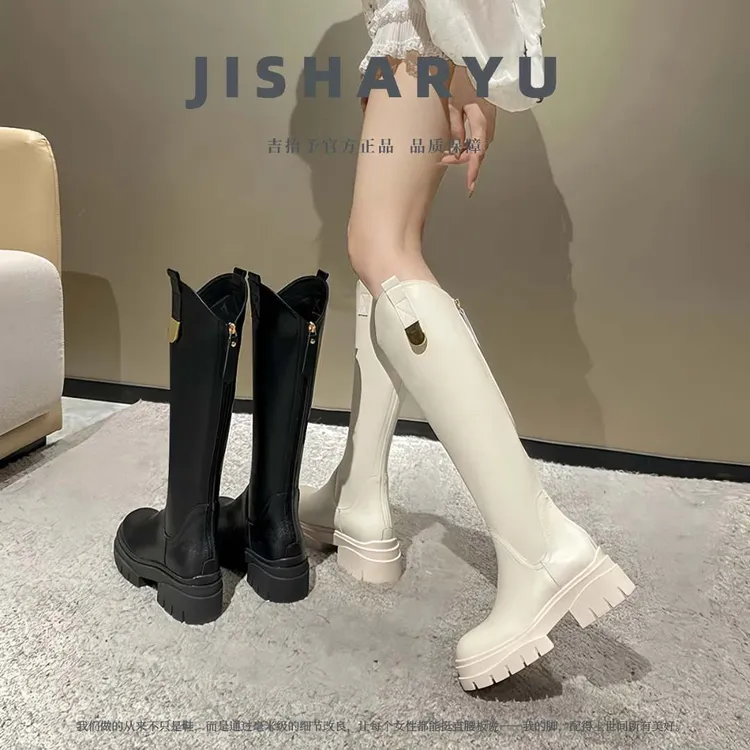 加肥加宽大码女靴时尚V口搭扣加宽筒围厚底不过膝长靴秋冬网红